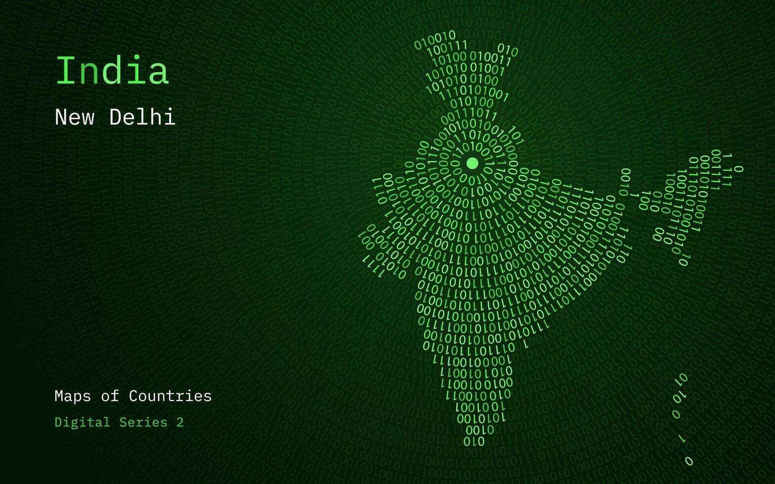 A map of India, Bharat depicted in zeros and ones in the form of a circle. The capital, New Delhi, is shown in the center of the circle vector