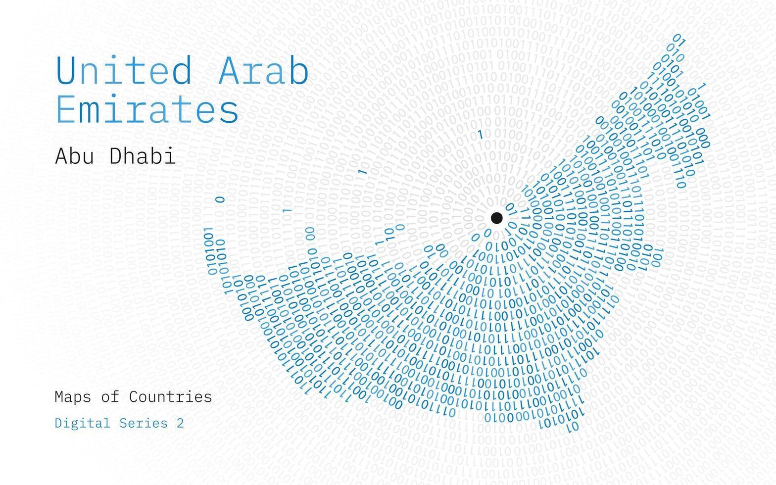 un mapa de unido árabe emiratos representado en ceros y unos en el formar de un círculo. el capital, abu dhabi, es mostrado en el centrar de el circulo vector