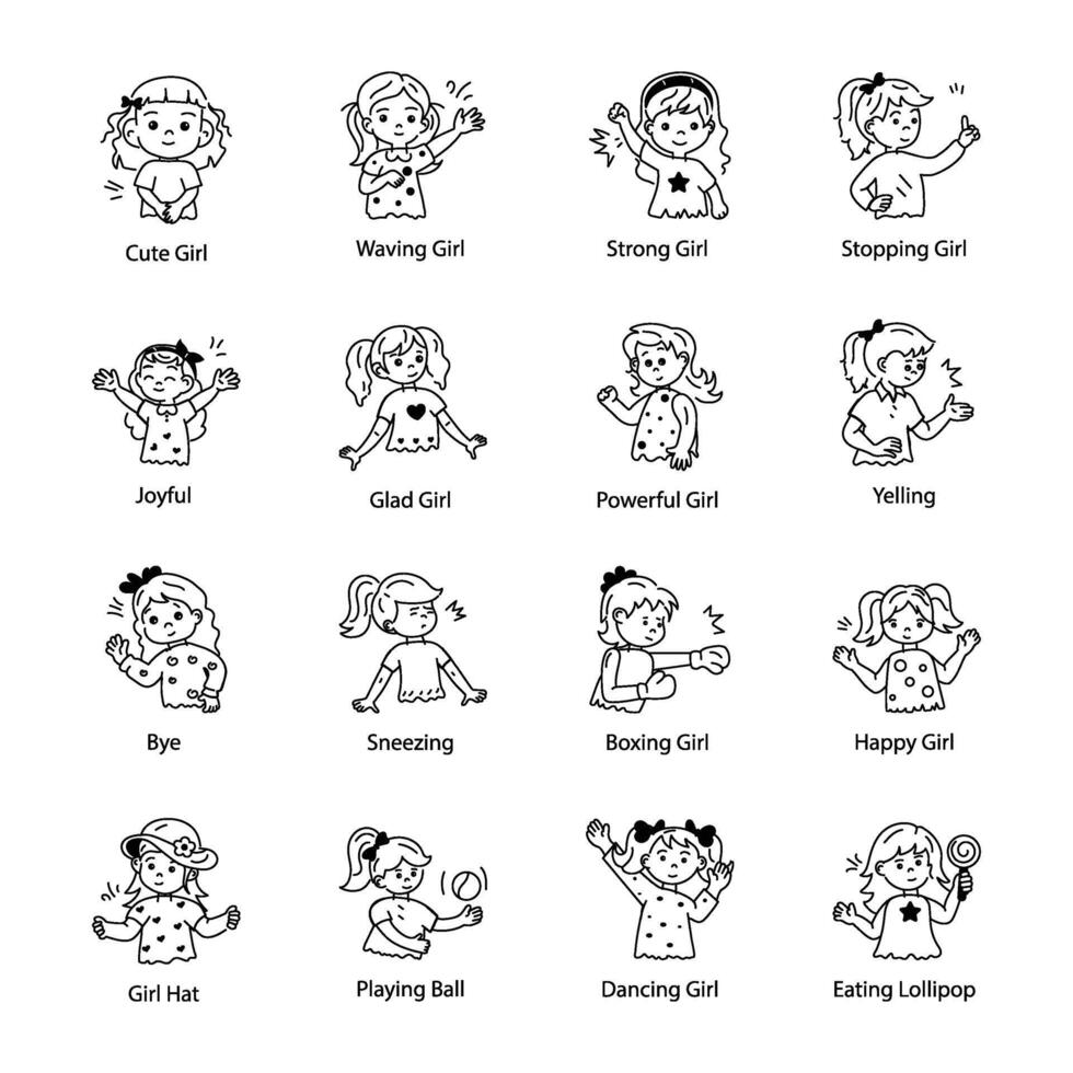 Set of 16 Cute Girls Doodle Icons vector