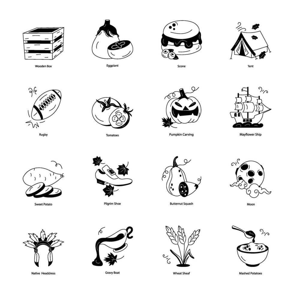 Pack of Thanksgiving Event Doodle Icons vector