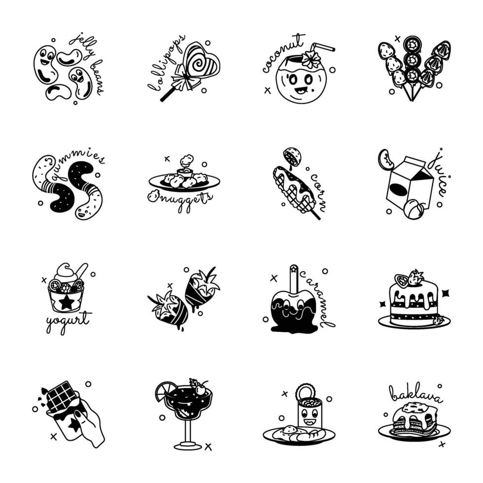 Bundle of Street Food and Confectionery Items Glyph Stickers vector