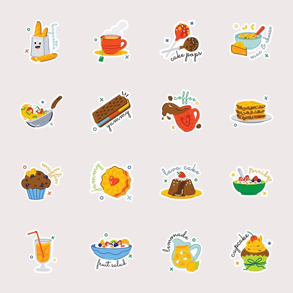 Set of Food and Drinks Flat Stickers vector