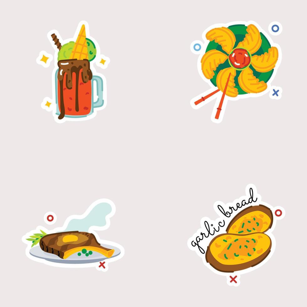 Set of Food Snacks Flat Stickers vector