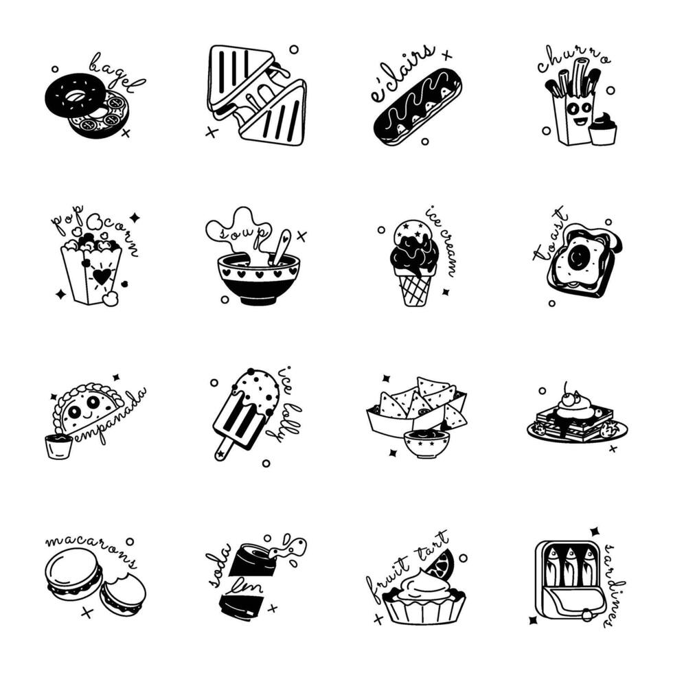 Bundle of 16 Snacks and Desserts Glyph Stickers vector