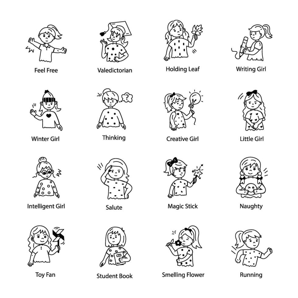 Collection of Doodle Icons Depicting Little Girls vector