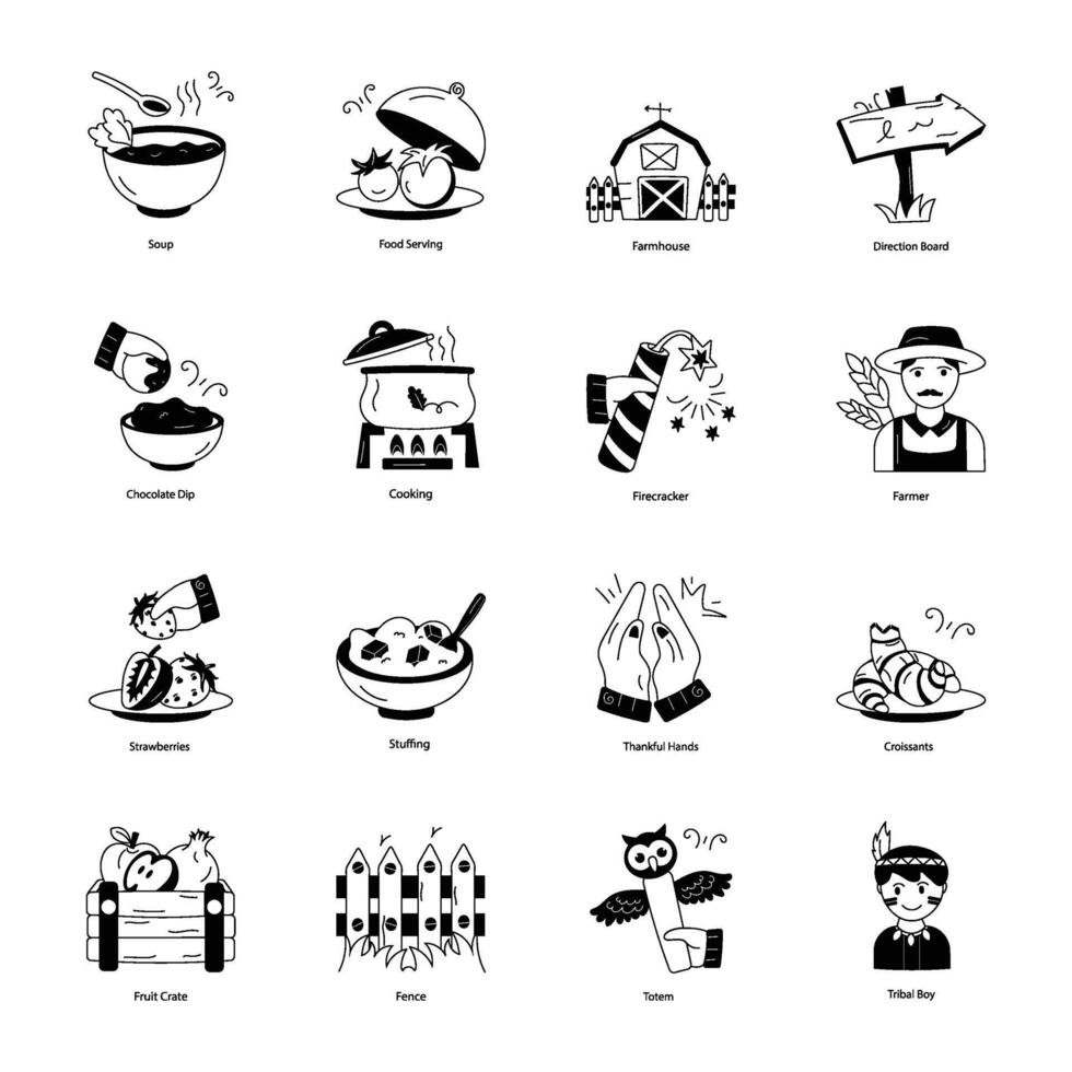 Collection of Thanksgiving Preparations Doodle Icons vector