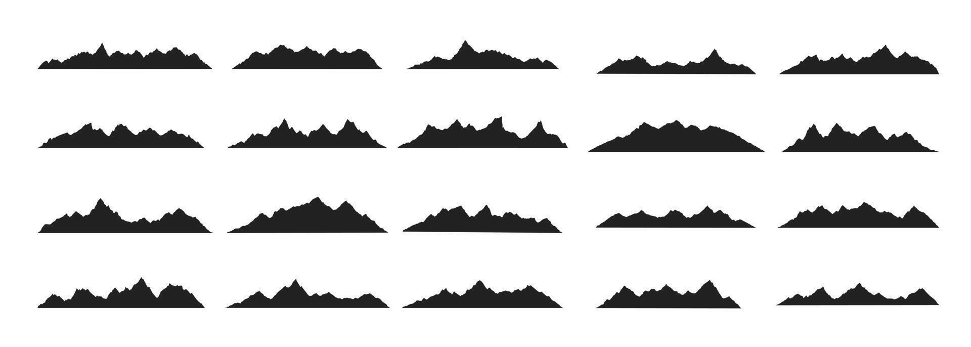 Mountain ridges peak silhouettes flat style design illustration set isolated on white background. Rocky mountains peaks with various ranges outdoor nature landscape background design elements. vector