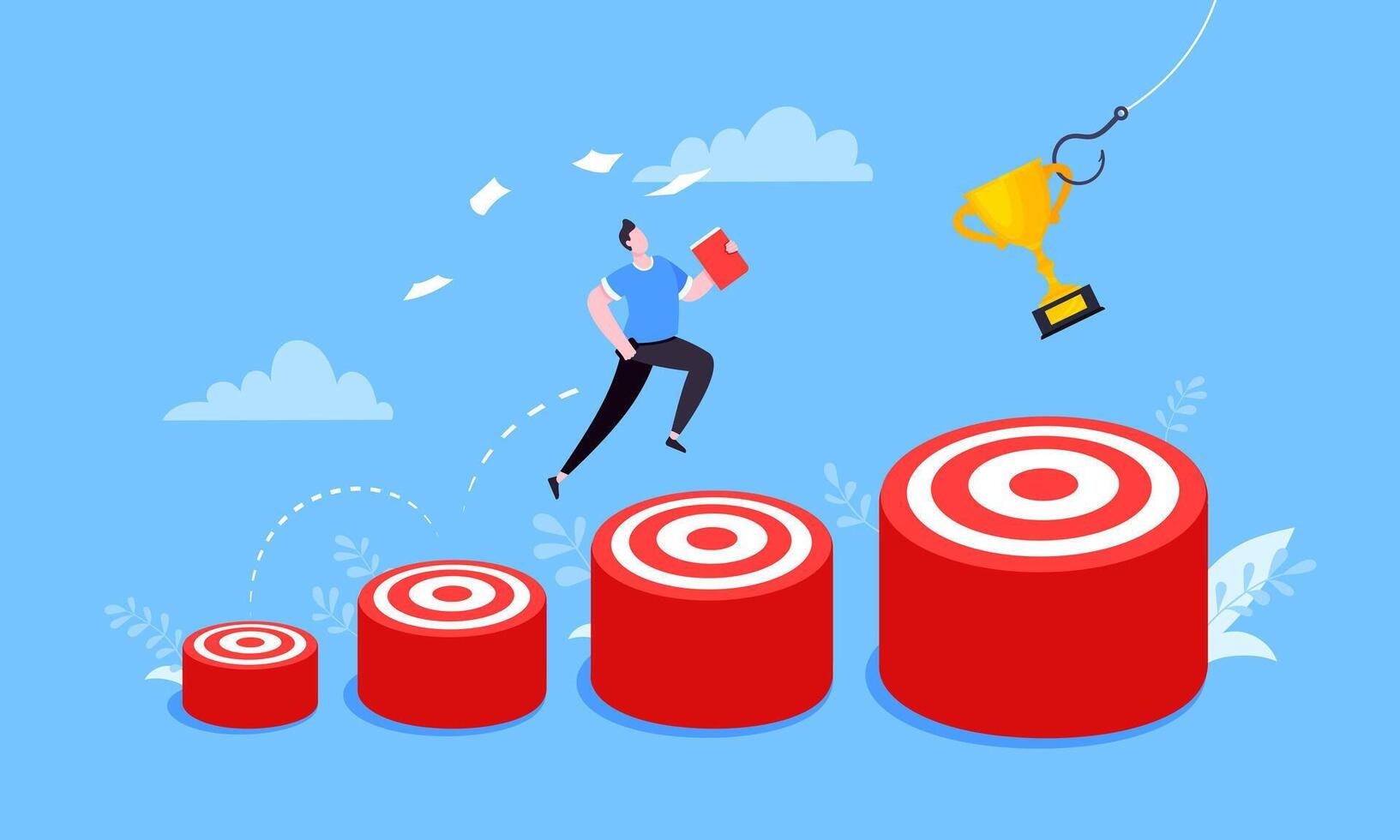 Businessman runs and jumps from small target goal to reach bigger target goal achievement vector