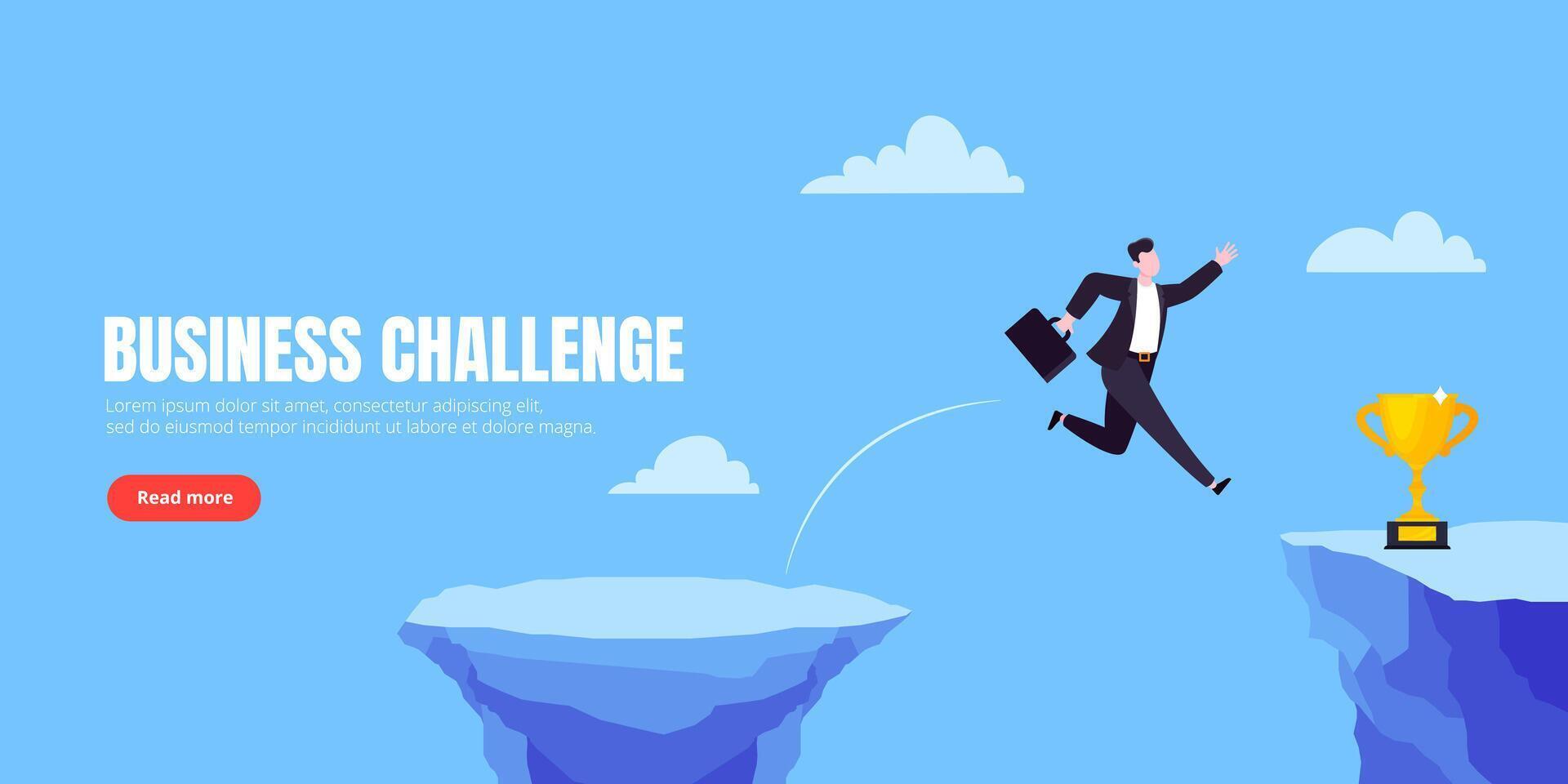 Businessman jumps over the abyss across the cliff flat style design illustration. Business concept of fearless businessman with huge courage. Risk, goal achievement, work obstacles and success. vector