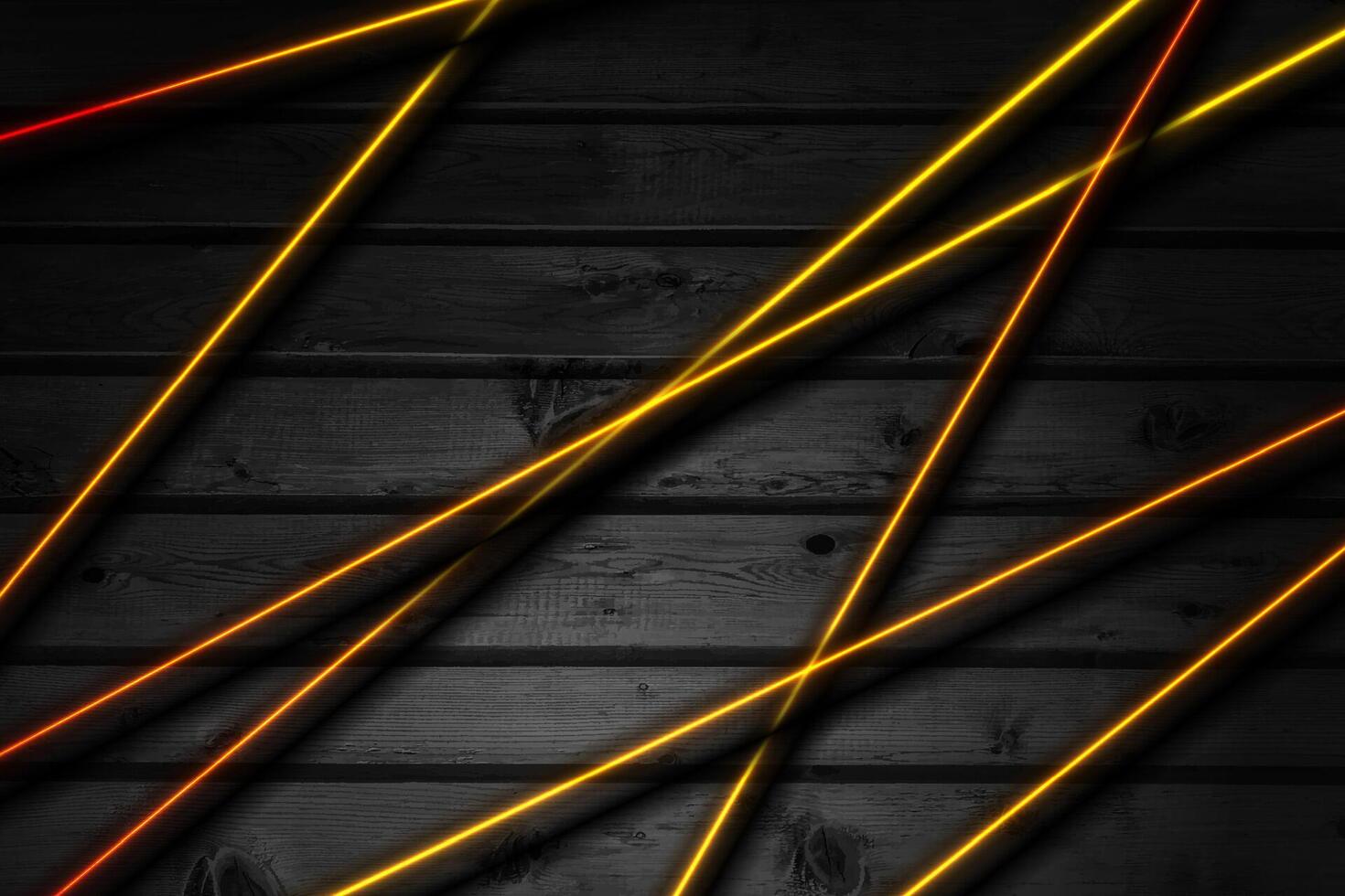 Grunge wooden background with orange neon laser lines vector