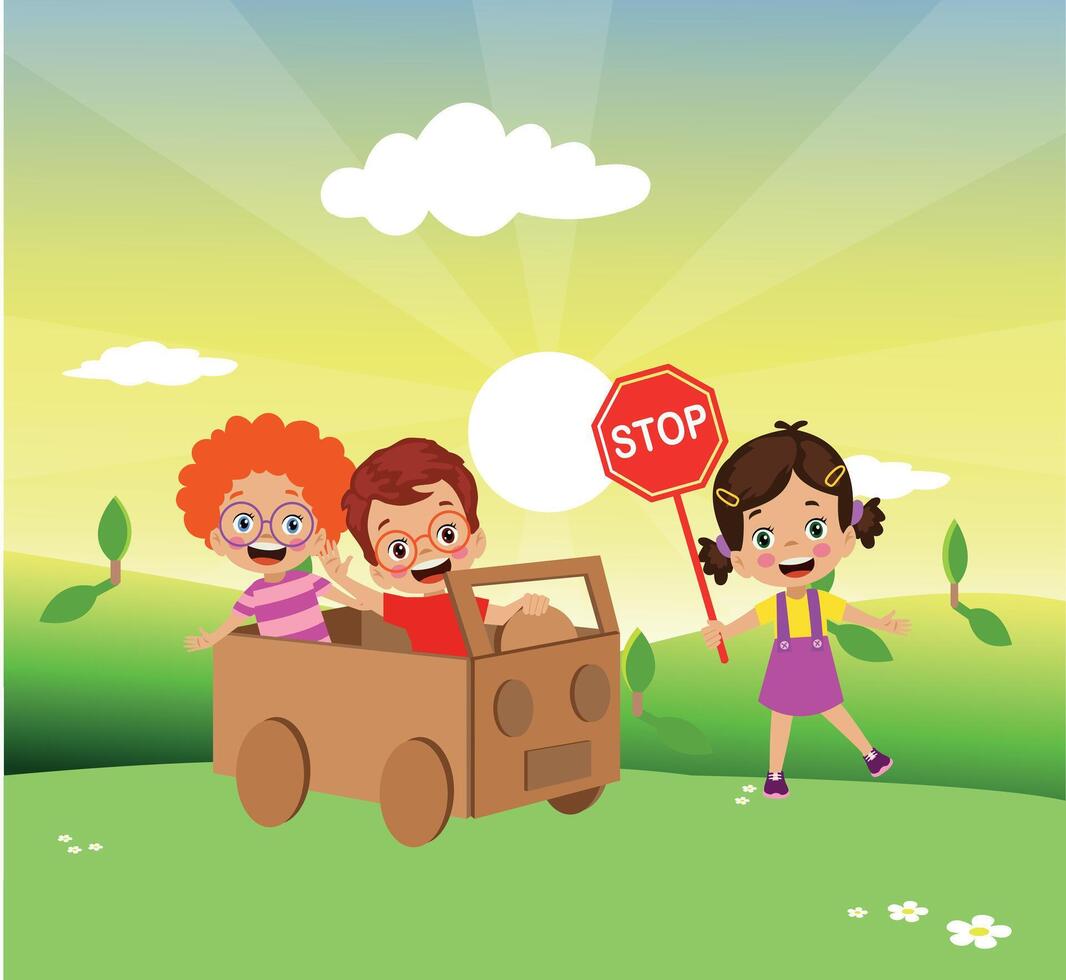 kids having fun with toy car out of cardboard box vector