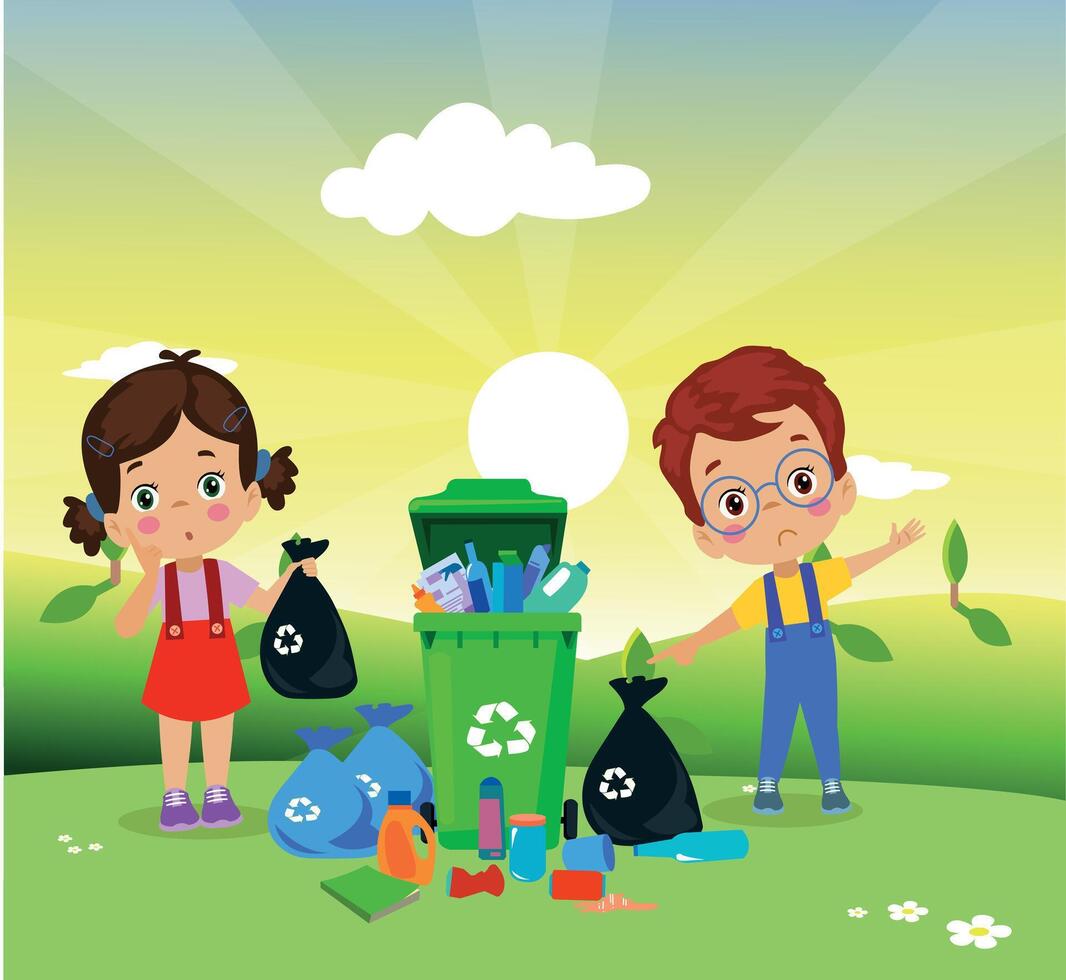 cute boy throwing trash in recycle bin vector