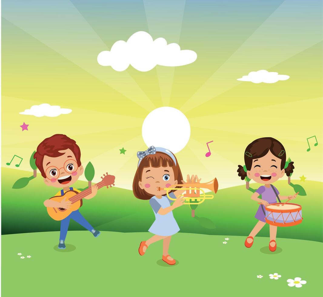 happy children playing instruments and singing vector