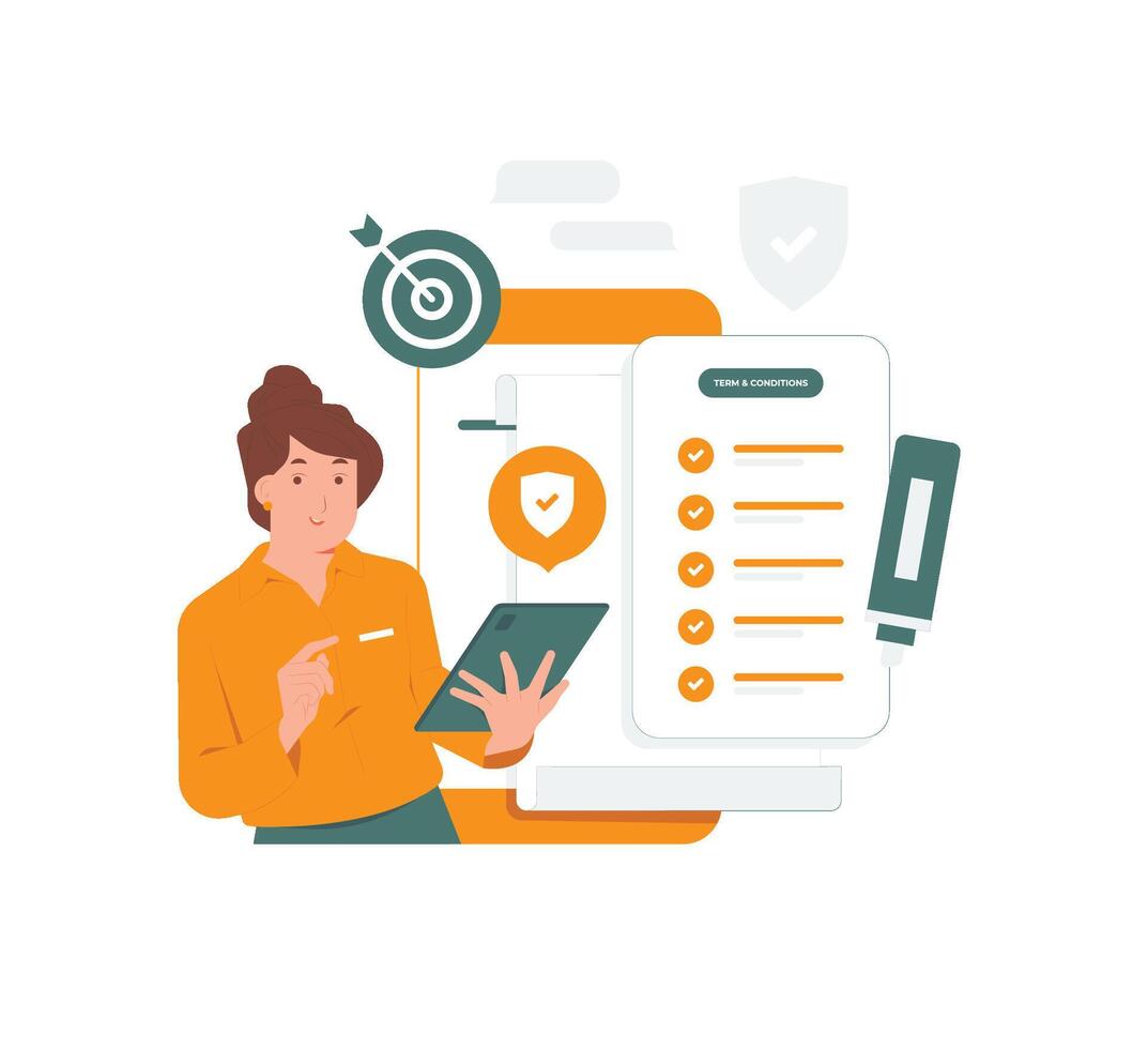 Female user agree checking form terms and conditions, Legal notice, accept registration process, Privacy policy protection concept illustration vector