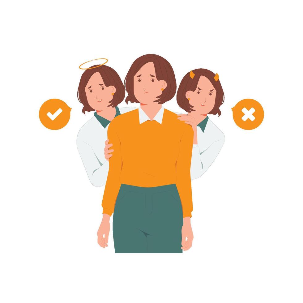 Angels and devils hovered and whispered over the shoulder of the woman, thinking confusedly with question marks, business decision making concept illustration vector