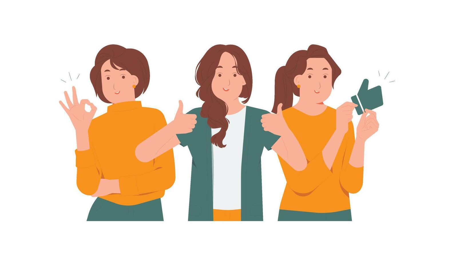 Set of happy woman showing gesturing thumbs up approval symbol, various positive emotions, ok sign concept illustration vector