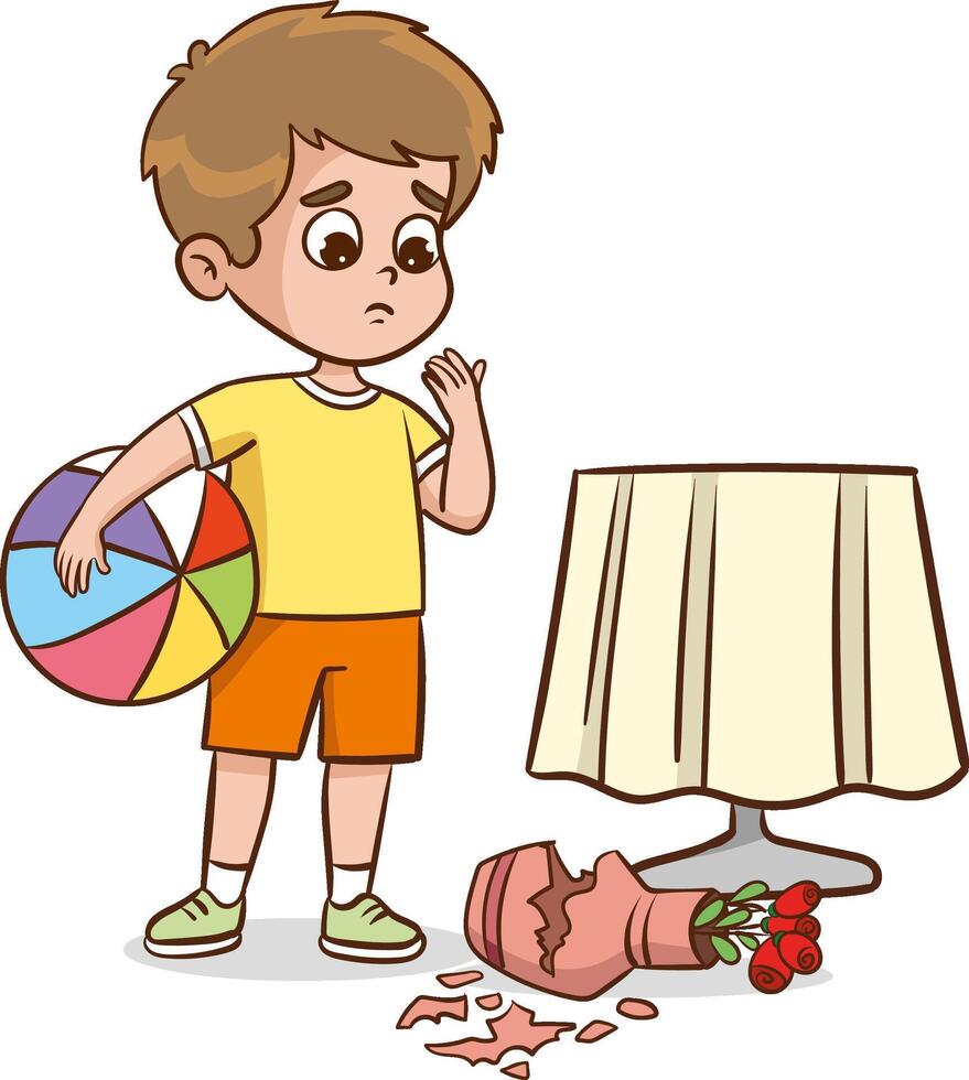 Sad child looking at broken vase, guilty cartoon boy in trouble broke a flower pot into pieces vector