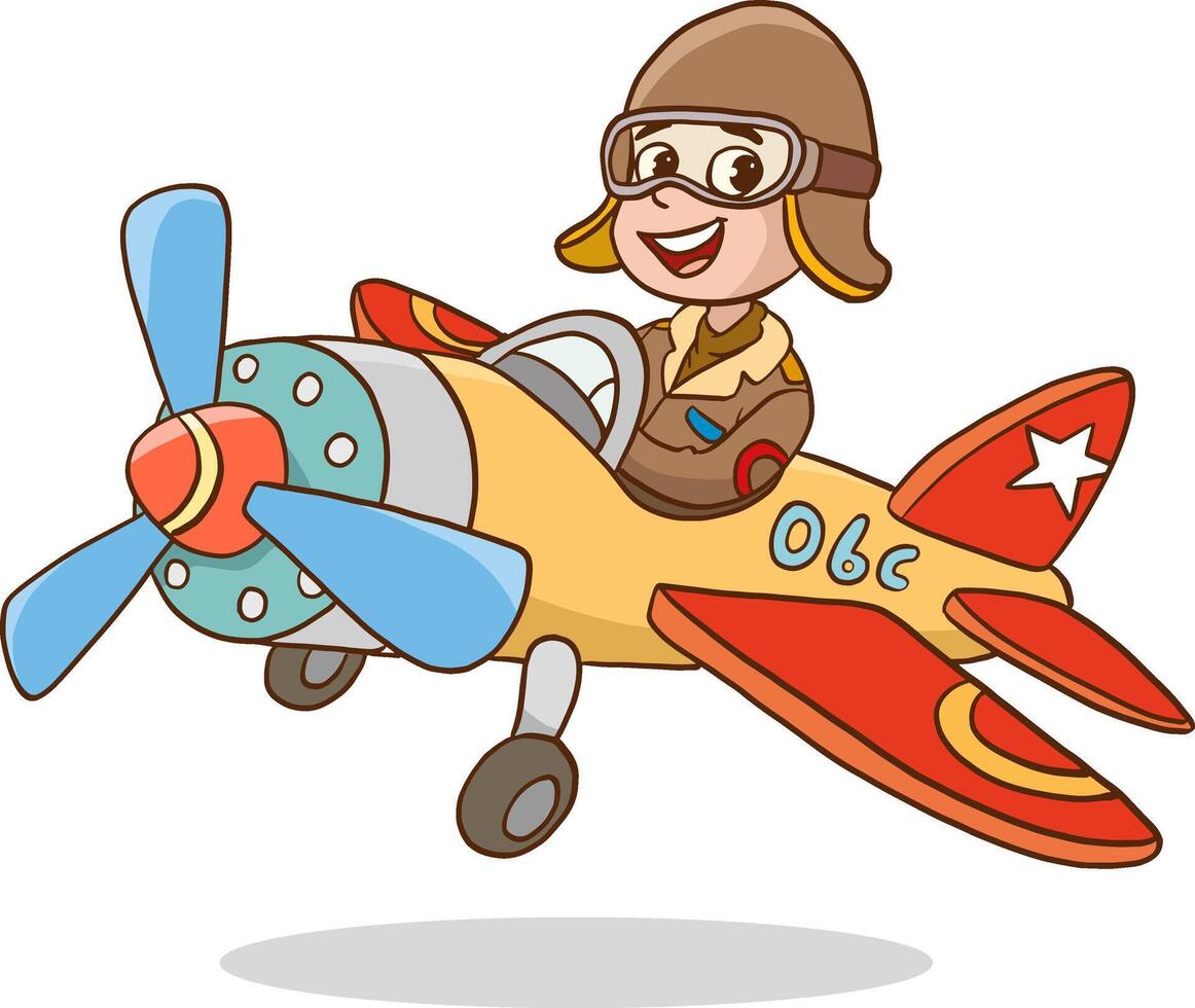 Boy flying on airplane or traveling in the sky with toy plane with propeller, aviator glasses and happy smile vector