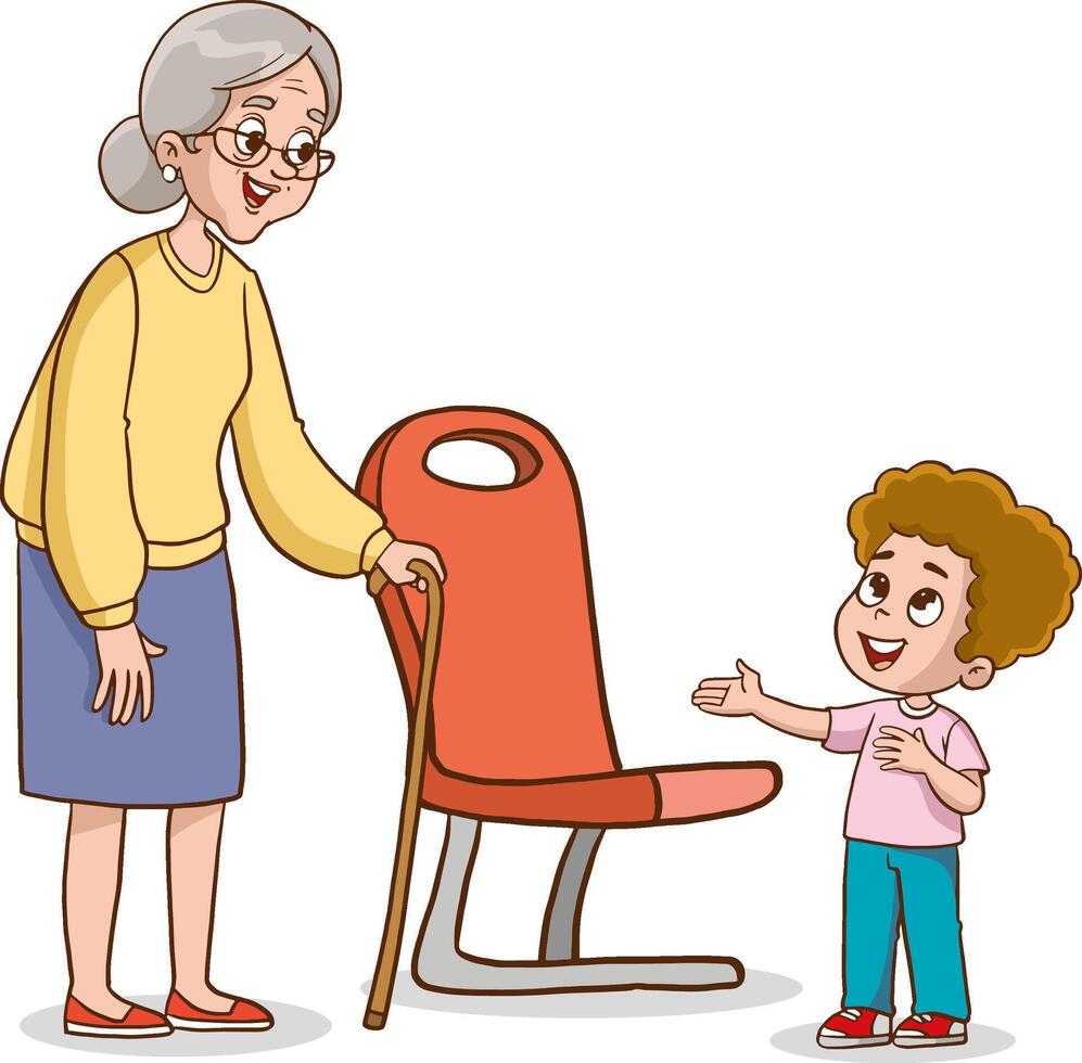 The child gives way to the grandmother on public transport. Manifestation of goodness. Good deeds. illustration vector