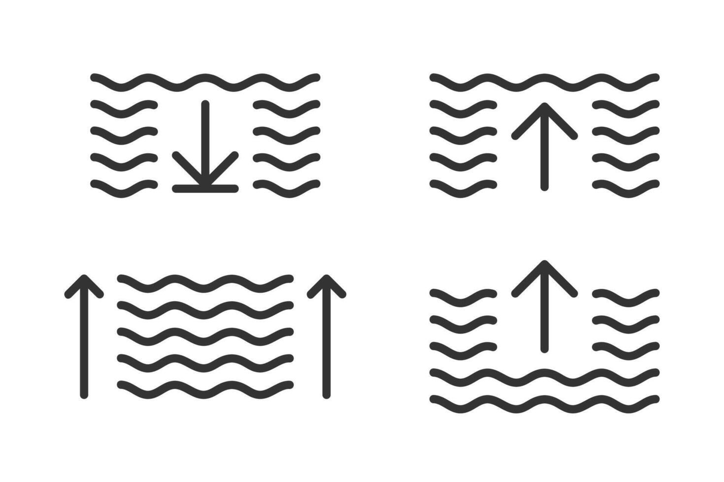 agua profundidad icono colocar. profundo icono en lineal. bajo y alto marea silueta línea icono conjunto vector