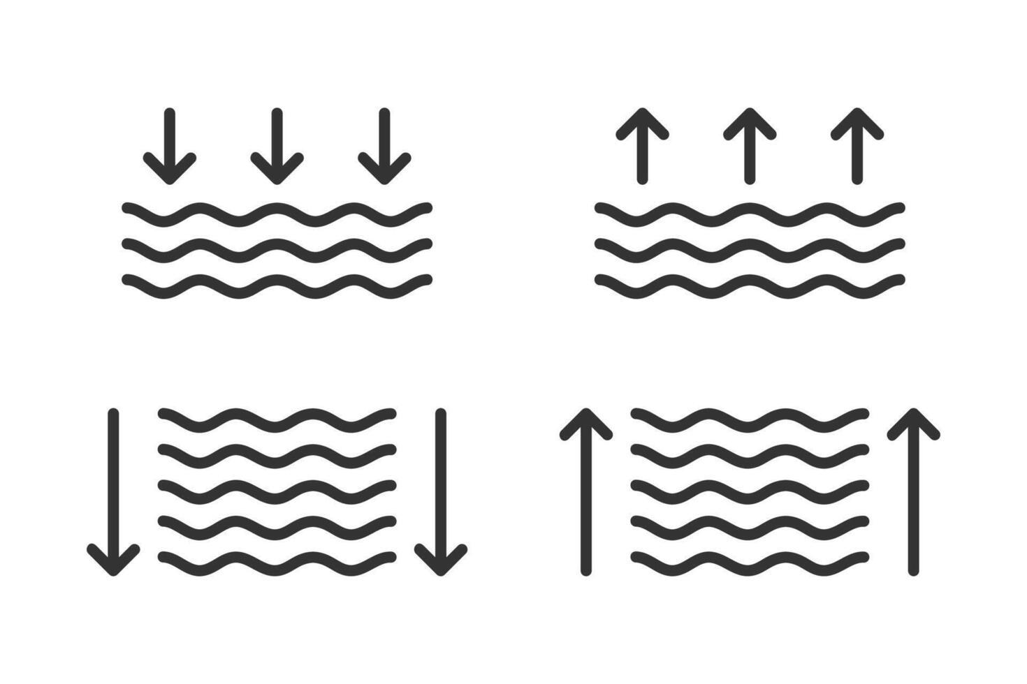 Low and High tide silhouette line icon set. Linear water depth icon with arrows. vector