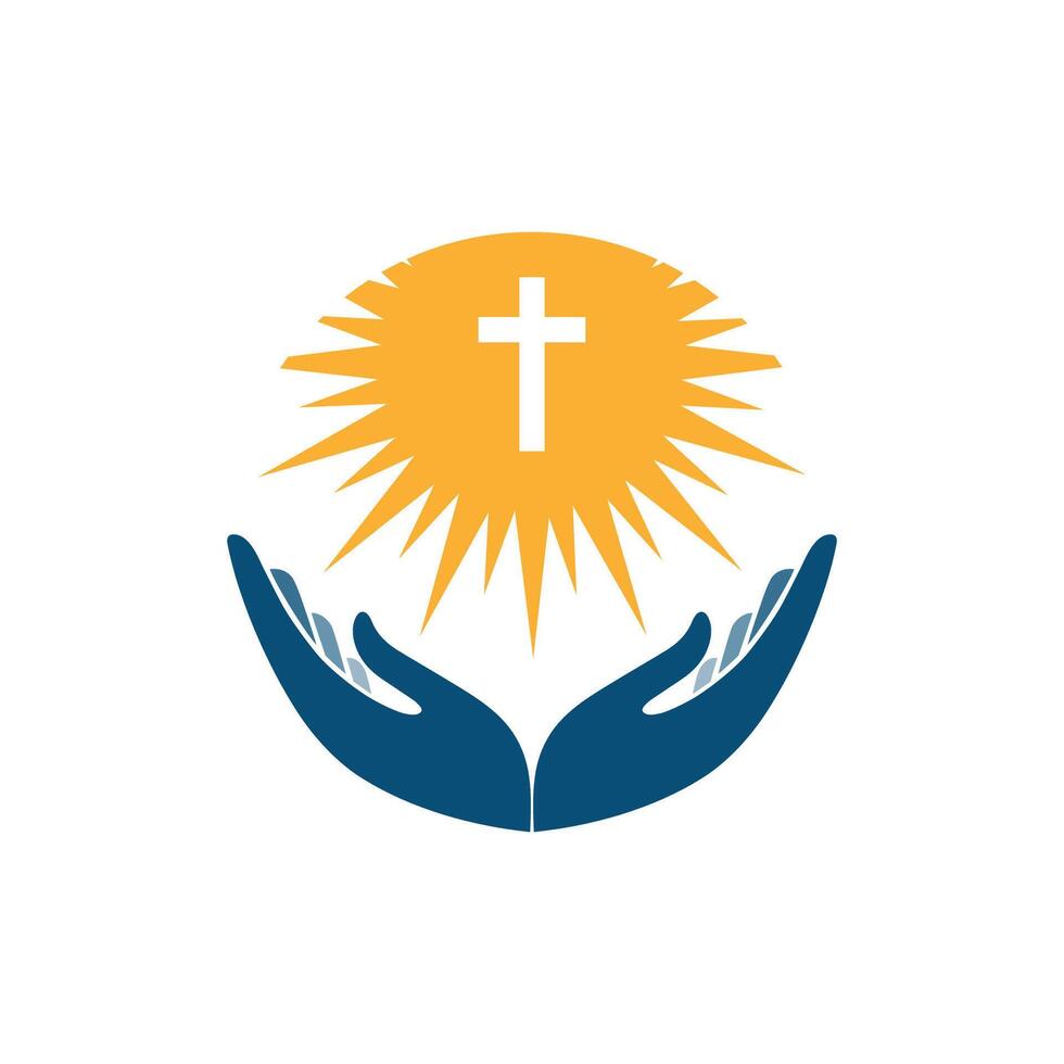 Hands with shining holy cross. Praying hand holding cross. Religion, Church logo vector
