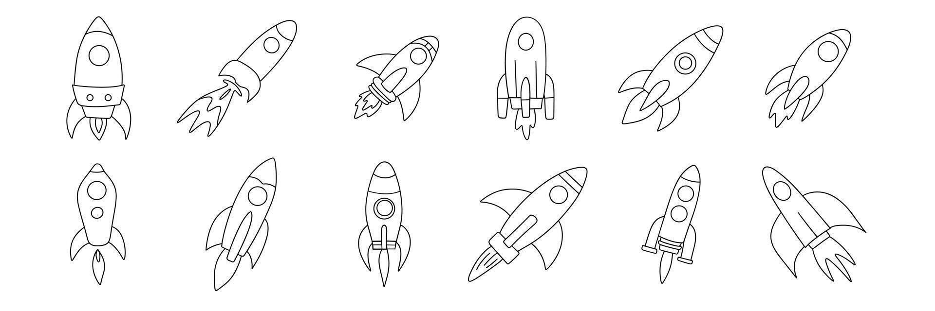 Big set of rocket in doodle style. Hand draw art. vector