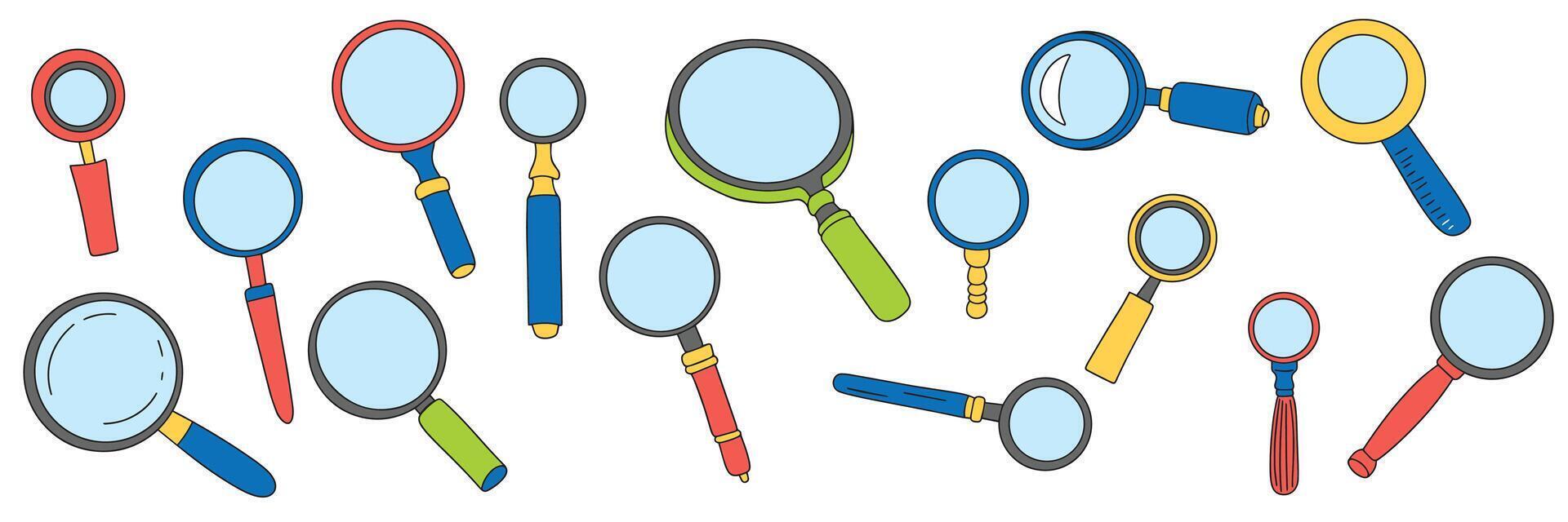 Big set of magnification in doodle style. Hand draw art. vector