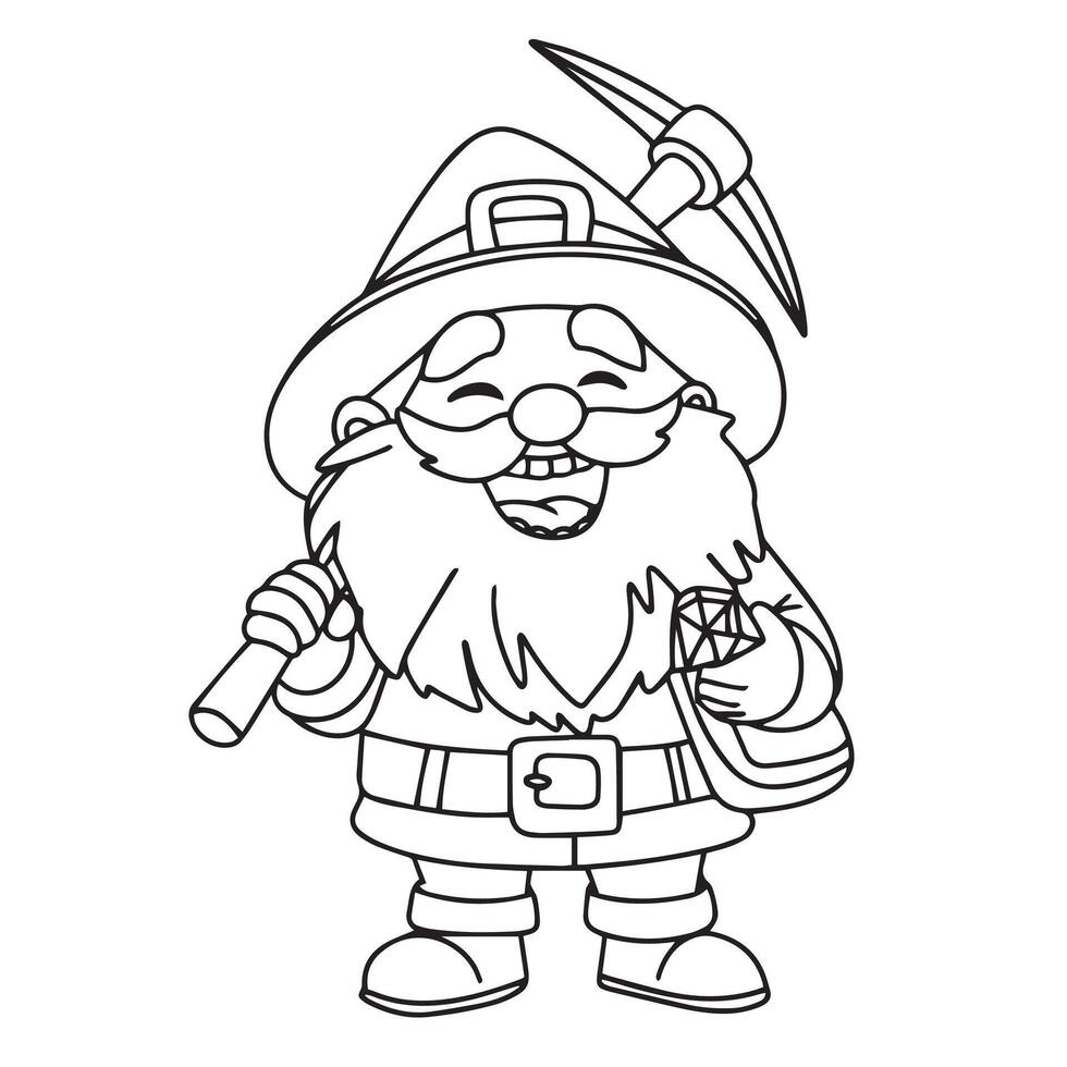 Cute little man in doodle style. Dwarf with pickaxe outline. Hand drawn art. vector