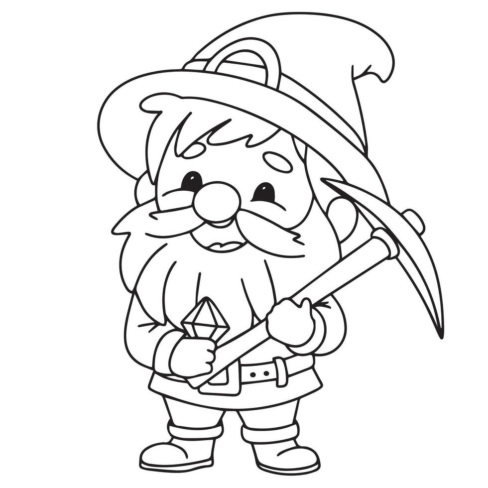 Cute little man in doodle style. Dwarf with pickaxe outline. Hand drawn art. vector