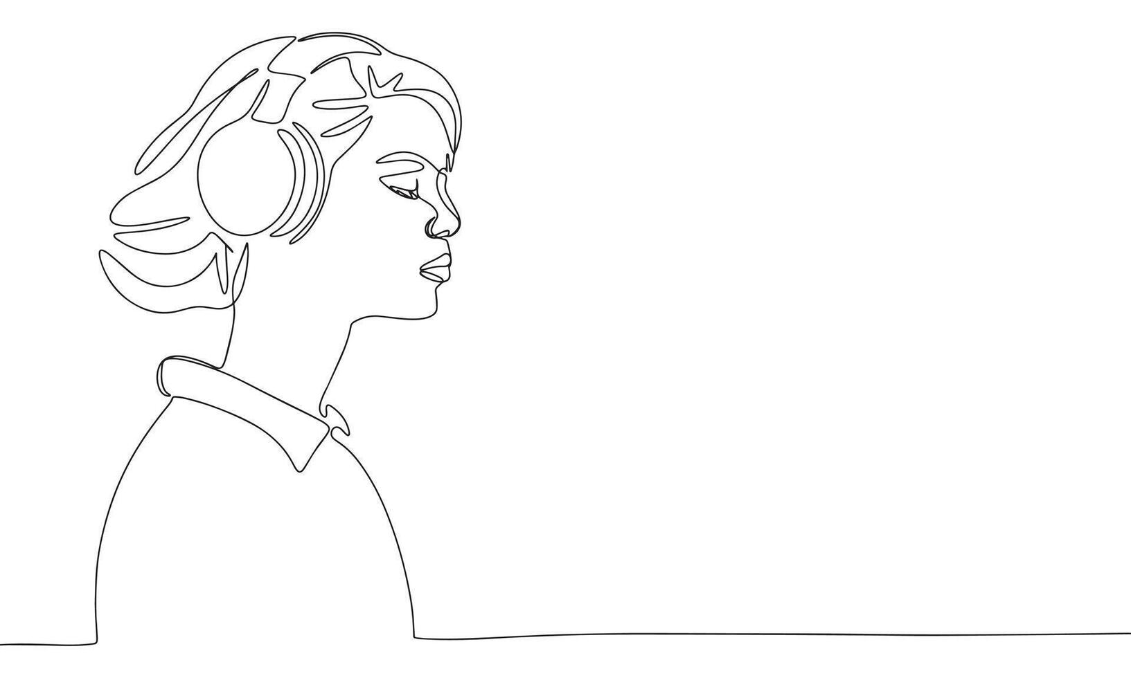 Young woman with headphone one line continuous. Line art woman hear headphone. Hand drawn art. vector