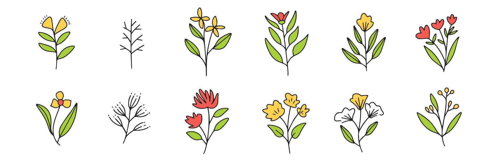 Collection of Doodle flowers colored outline. Hand drawn art. vector