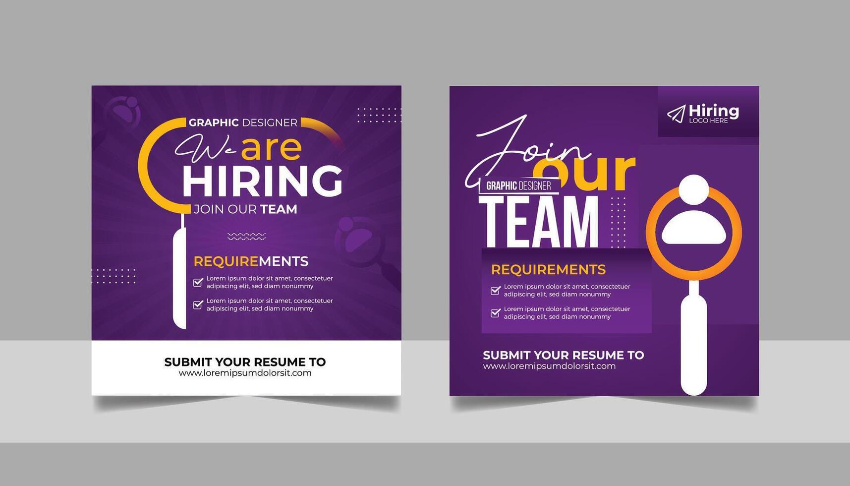 We are hiring job vacancy social media post template set, Vacant recruitment marketing banner square flyer, Join our team ads design, Job interview poster, Hire icon background. vector