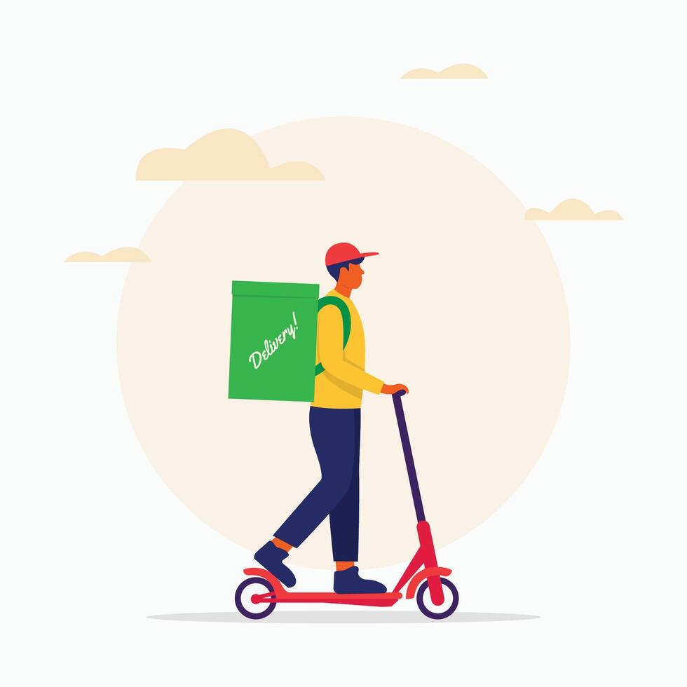 mensajero en eléctrico scooter entrega Servicio plano ilustración vector