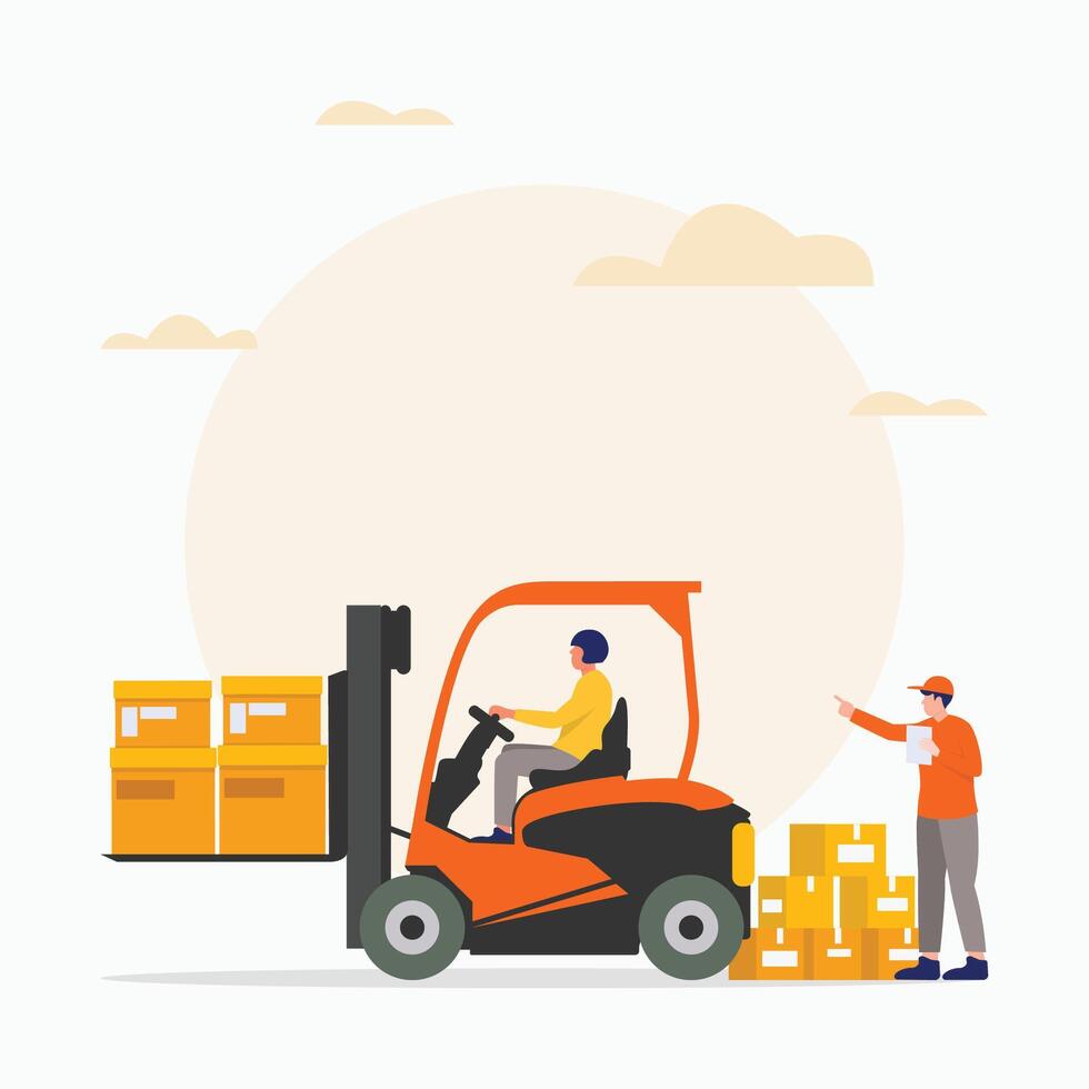 Warehouse worker and courier check inventories before shipping flat illustration vector