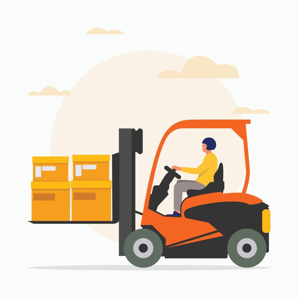 Man driving forklift car with box flat illustration vector