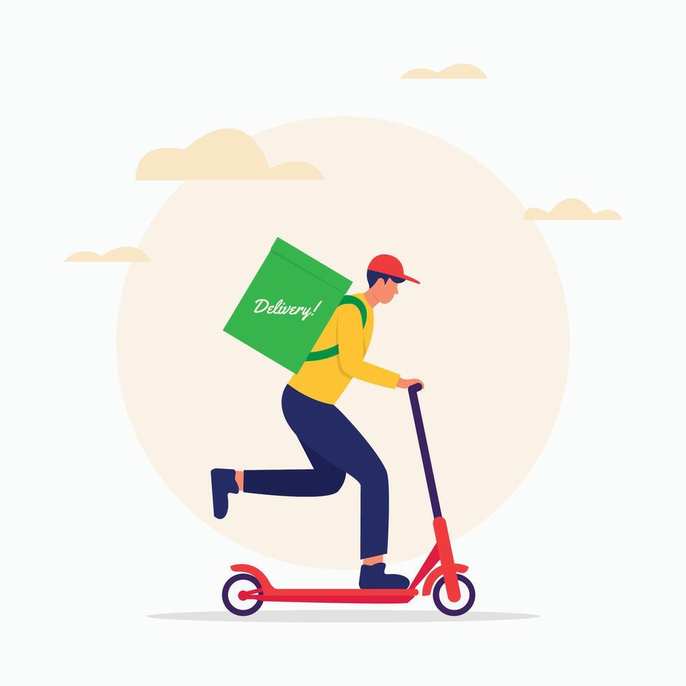 Delivery service with man on scooter flat illustration vector