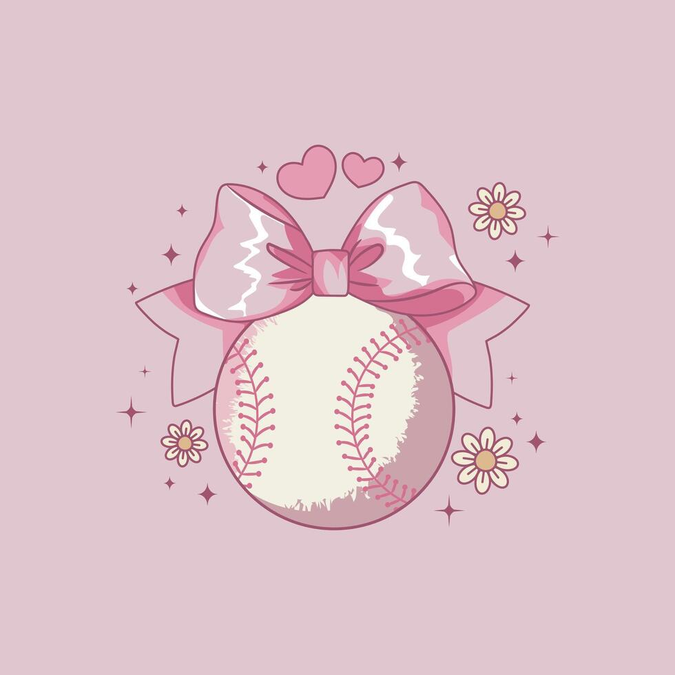 cute coquette style illustration of baseball with a pink ribbon vector
