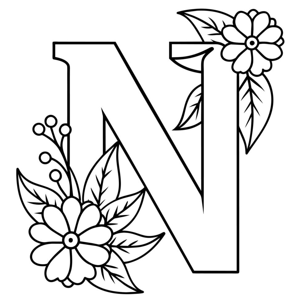 Alphabet N coloring page with the flower, N letter digital outline floral coloring page, ABC coloring page vector