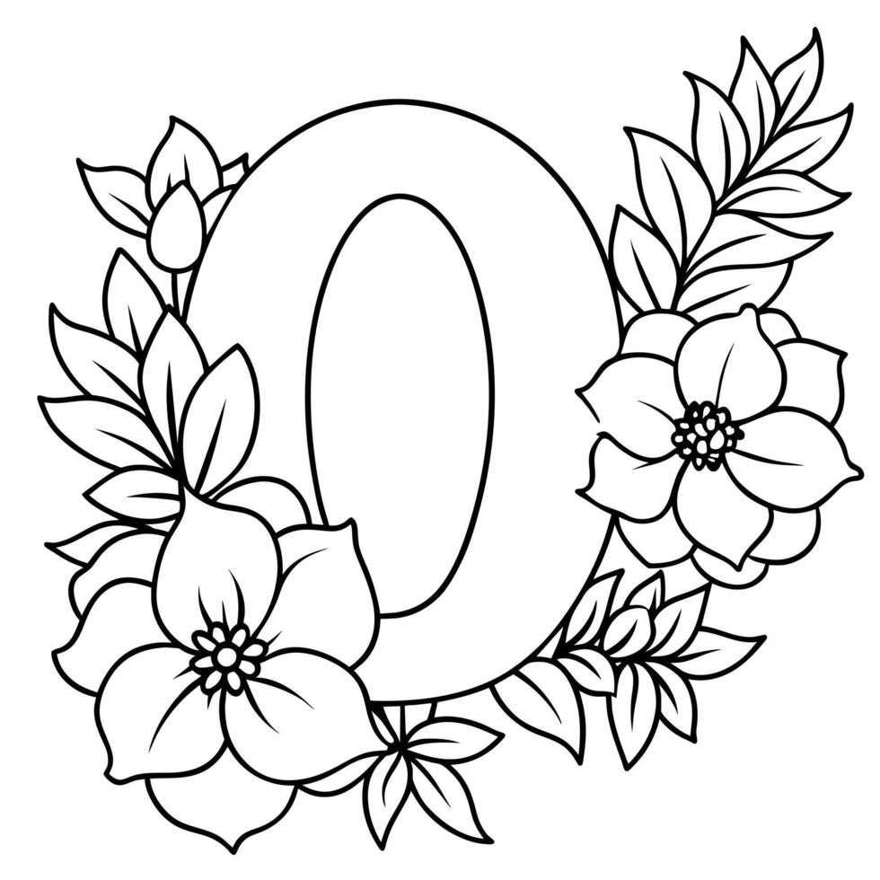 Alphabet O coloring page with the flower, O letter digital outline floral coloring page, ABC coloring page vector