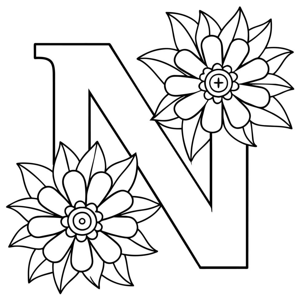 Alphabet N coloring page with the flower, N letter digital outline floral coloring page, ABC coloring page vector