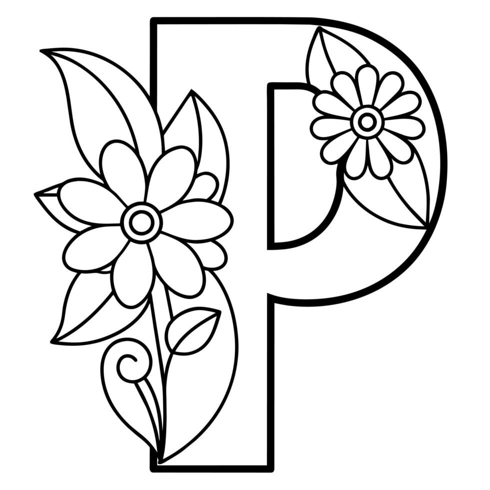 Alphabet P coloring page with the flower, P letter digital outline floral coloring page, ABC coloring page vector