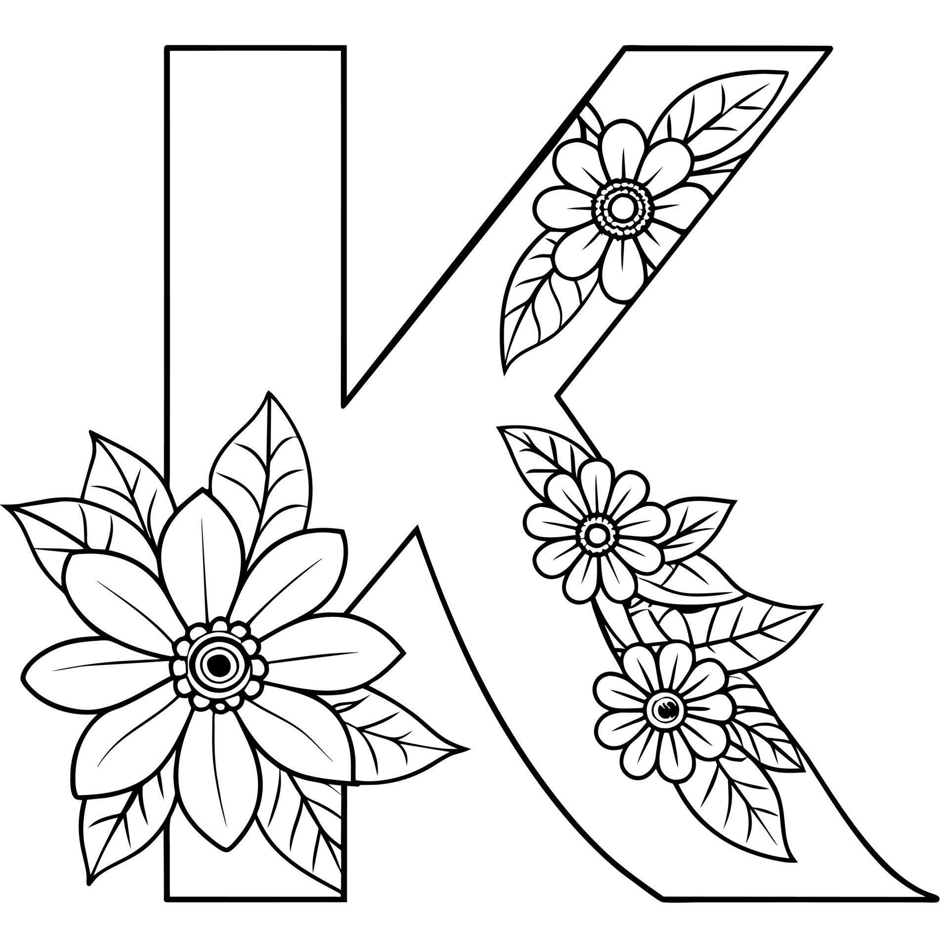 Alphabet K coloring page with the flower, K letter digital outline ...