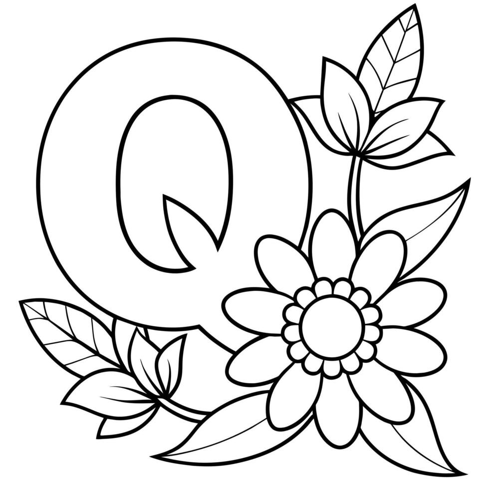 Alphabet Q coloring page with the flower, Q letter digital outline floral coloring page, ABC coloring page vector