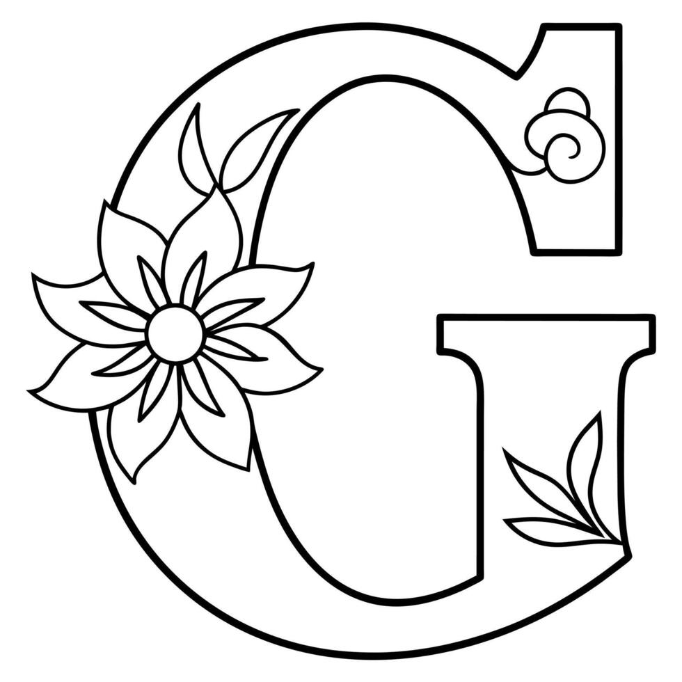 Alphabet G coloring page with the flower, G letter digital outline floral coloring page, ABC coloring page vector