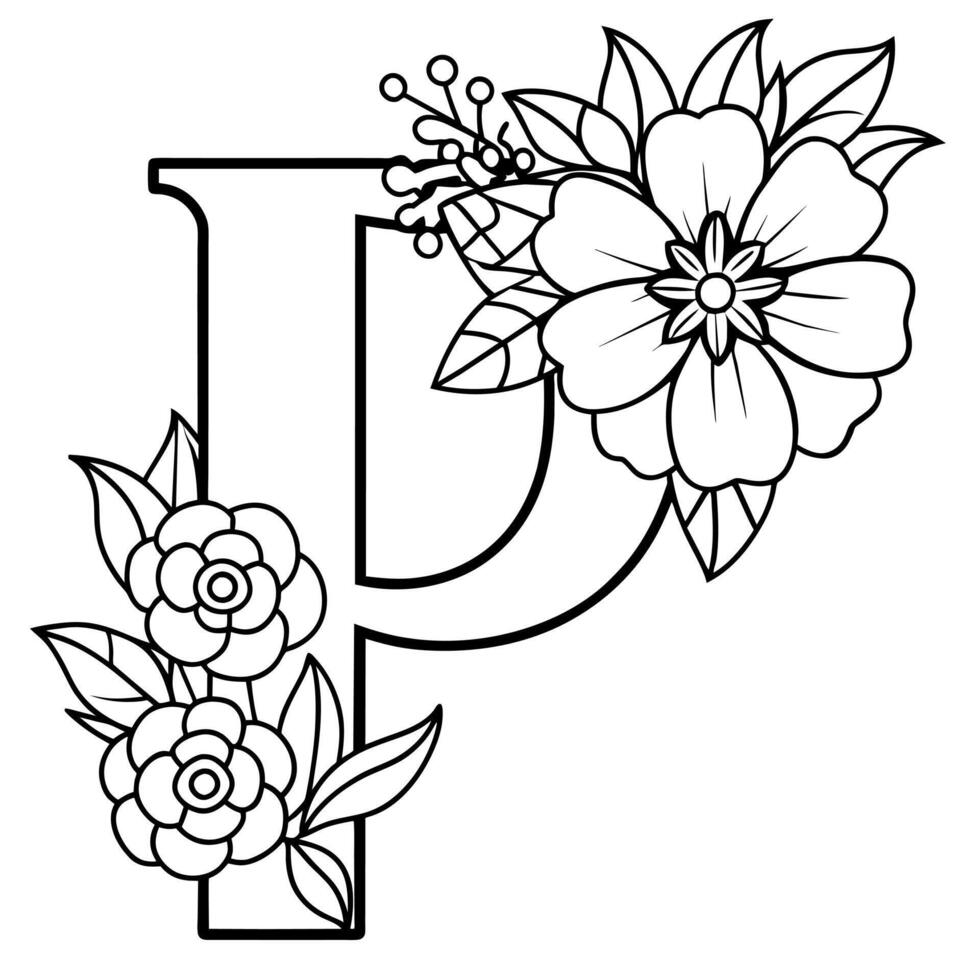 Alphabet P coloring page with the flower, P letter digital outline floral coloring page, ABC coloring page vector