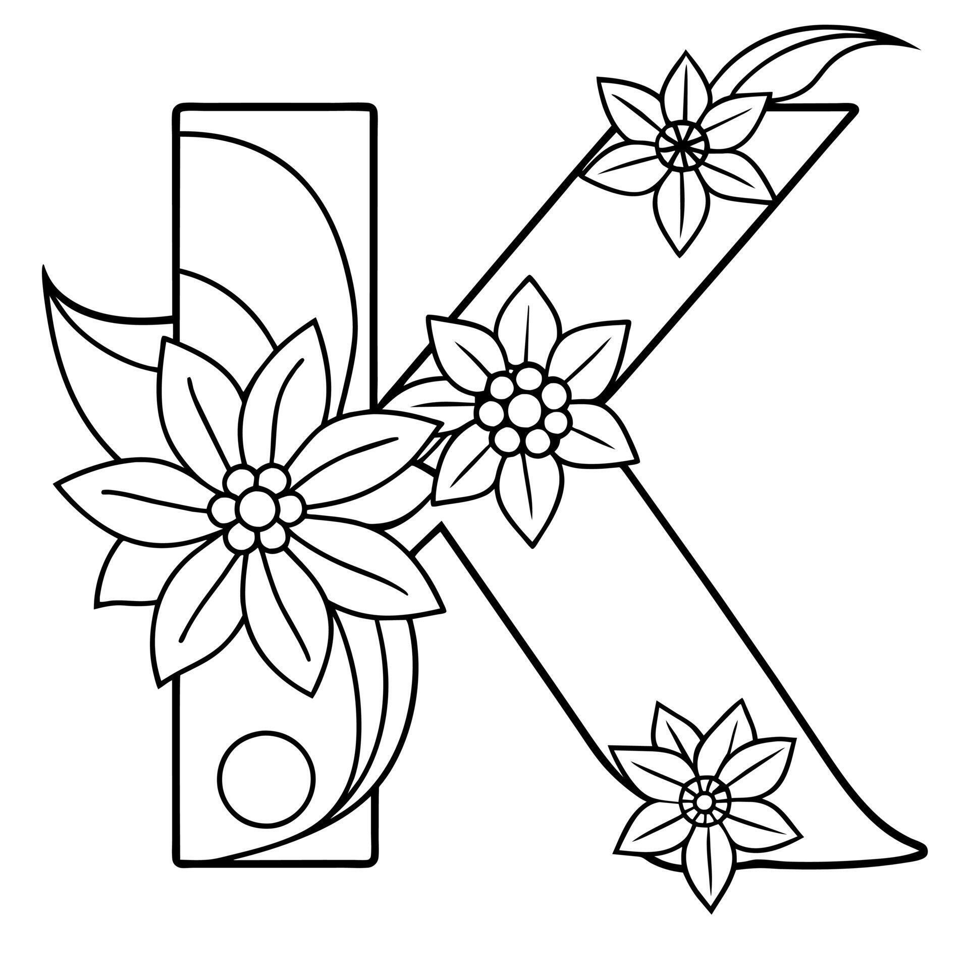 Alphabet K coloring page with the flower, K letter digital outline ...