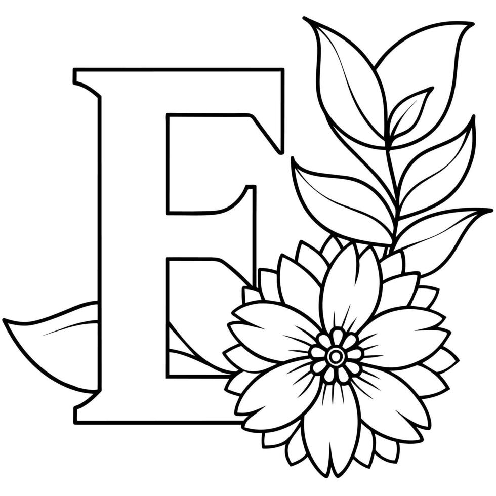Alphabet E coloring page with the flower, E letter digital outline floral coloring page, ABC coloring page vector