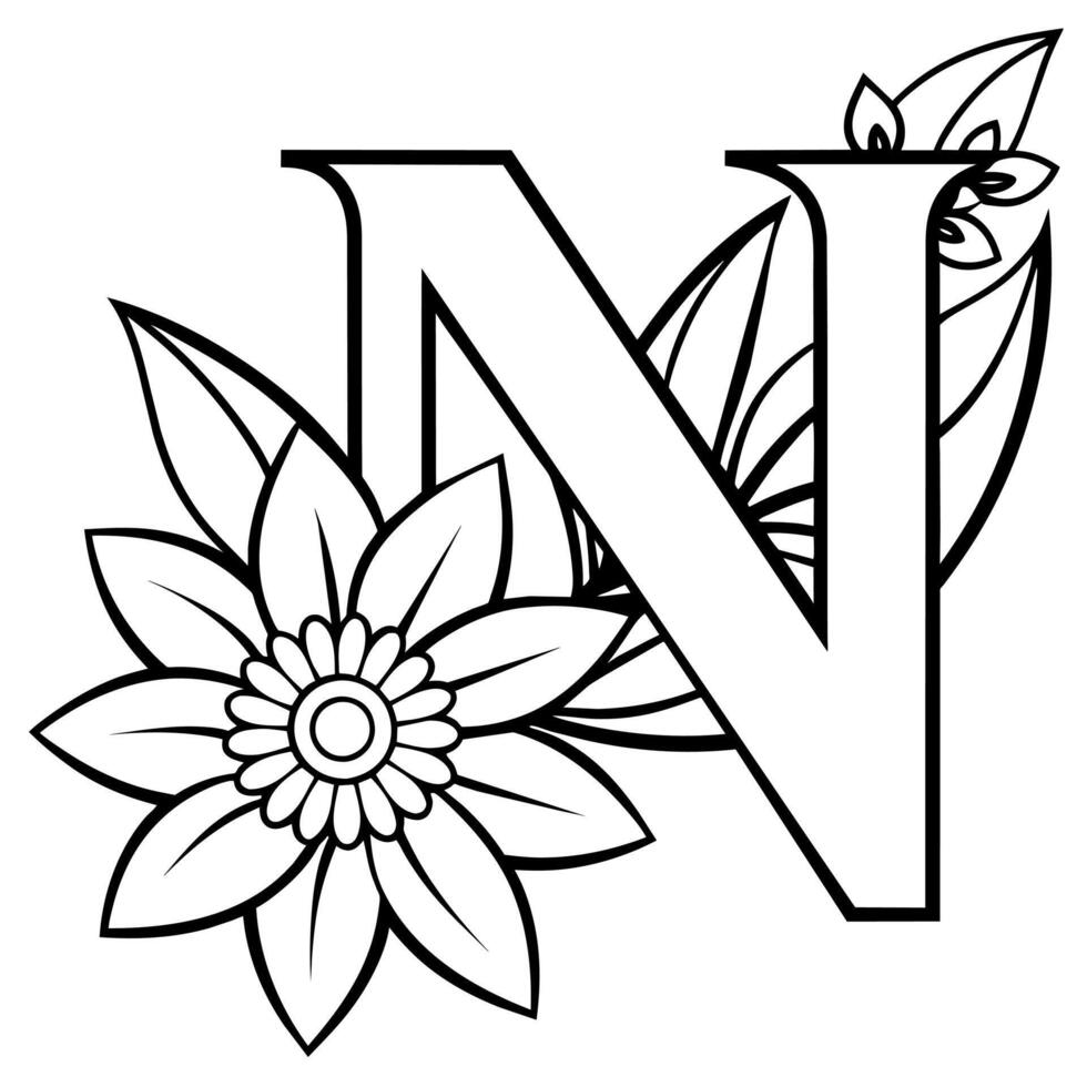 Alphabet N coloring page with the flower, N letter digital outline floral coloring page, ABC coloring page vector