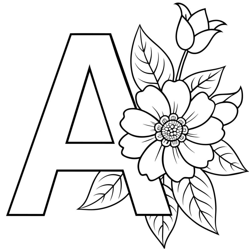 Alphabet A coloring page with the flower, A letter digital outline floral coloring page, ABC coloring page vector